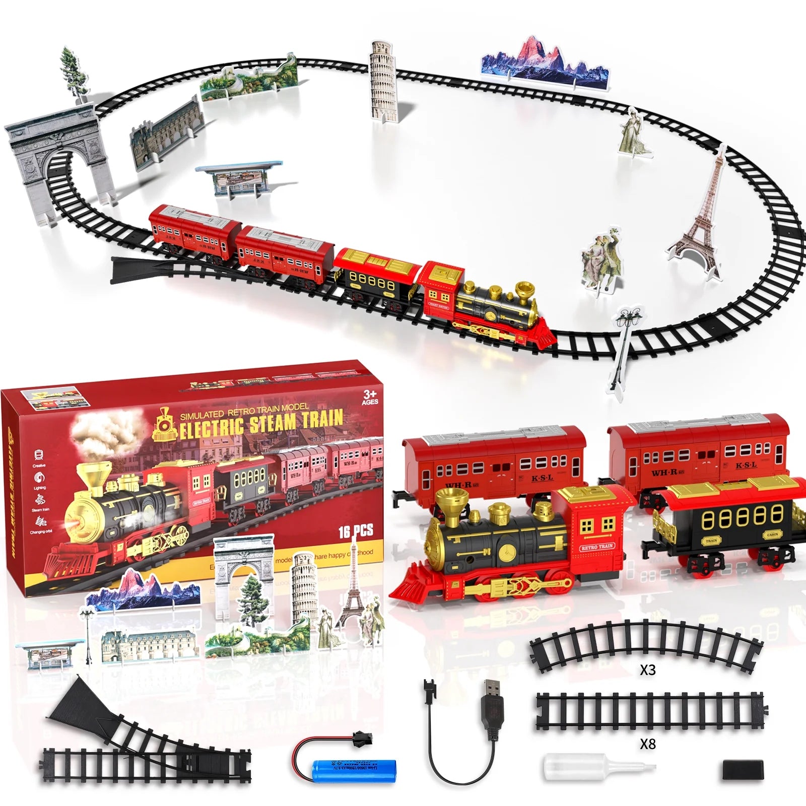 Ultimate Rechargeable Steam Train Set with Tracks, Lights, Sound & Smoke - The Perfect Gift for Kids Aged 2-8!