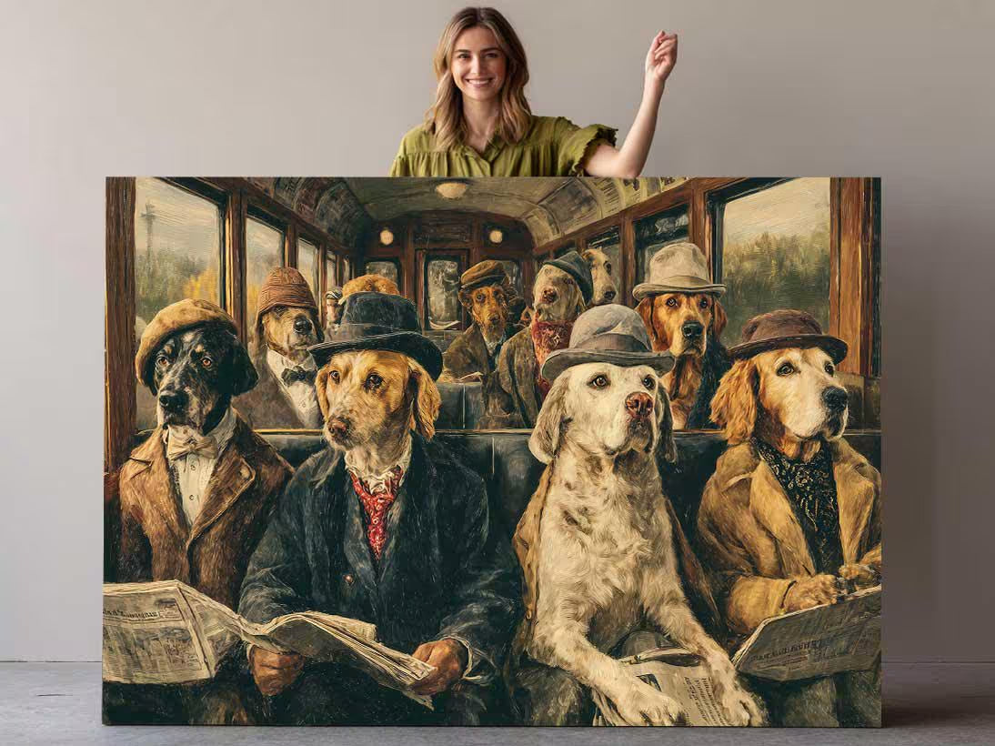 Dogs on a Train Canvas Wall Art: Vintage-Inspired Dog Portraits - Available Framed or Rolled, Premium Durable Canvas for Office and Home Decor