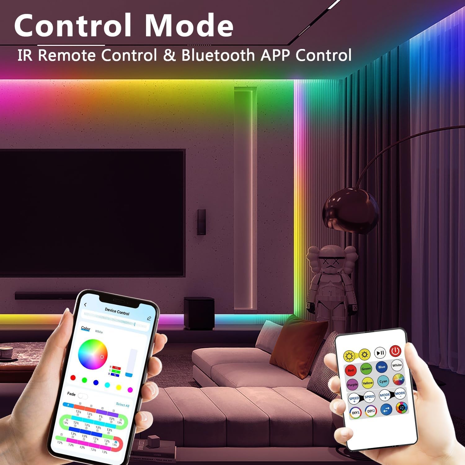 BGRIC 16.4FT RGB LED Strip Lights with Bluetooth App and Remote Control - 24V 5050 Color Changing Indoor Lighting for Bedrooms, Parties, and Home Decor with Music Sync