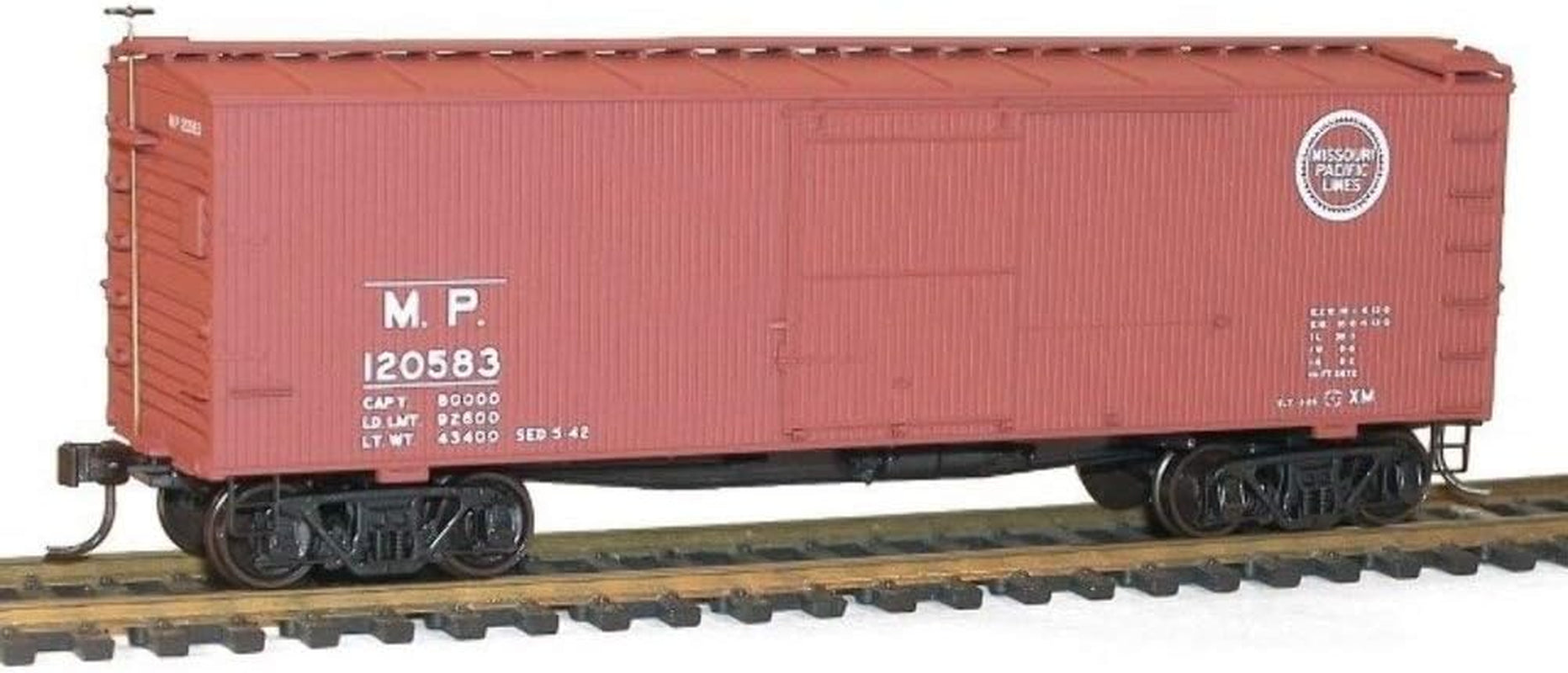 McDermott 36" Double-Sheathed Wood Boxcar with Steel Roof, Ends, and Fishbelly Underframe - K - Missouri Pacific #120583 (Boxcar Red, Buzz Saw Logo)