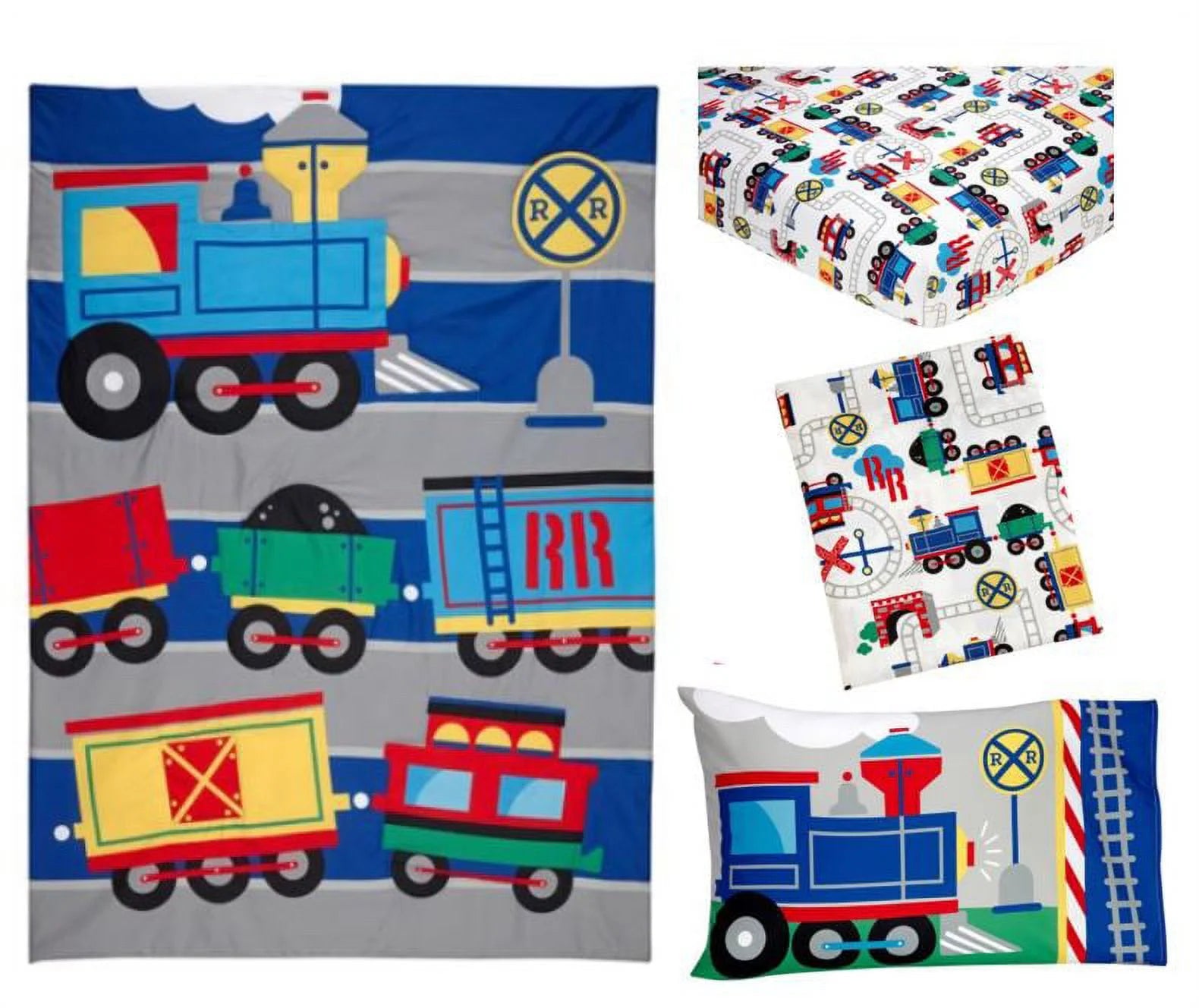 Trains 4-Piece Toddler Bedding Set for Boys: Comforter, Pillowcase, Top Sheet, and Fitted Sheet