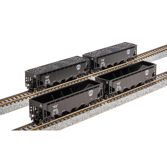 N Scale Imports N ARA 70 Ton Quad Hopper B&M Minute Man 4-Pack model train rolling stock, detailed with black and gray hoppers