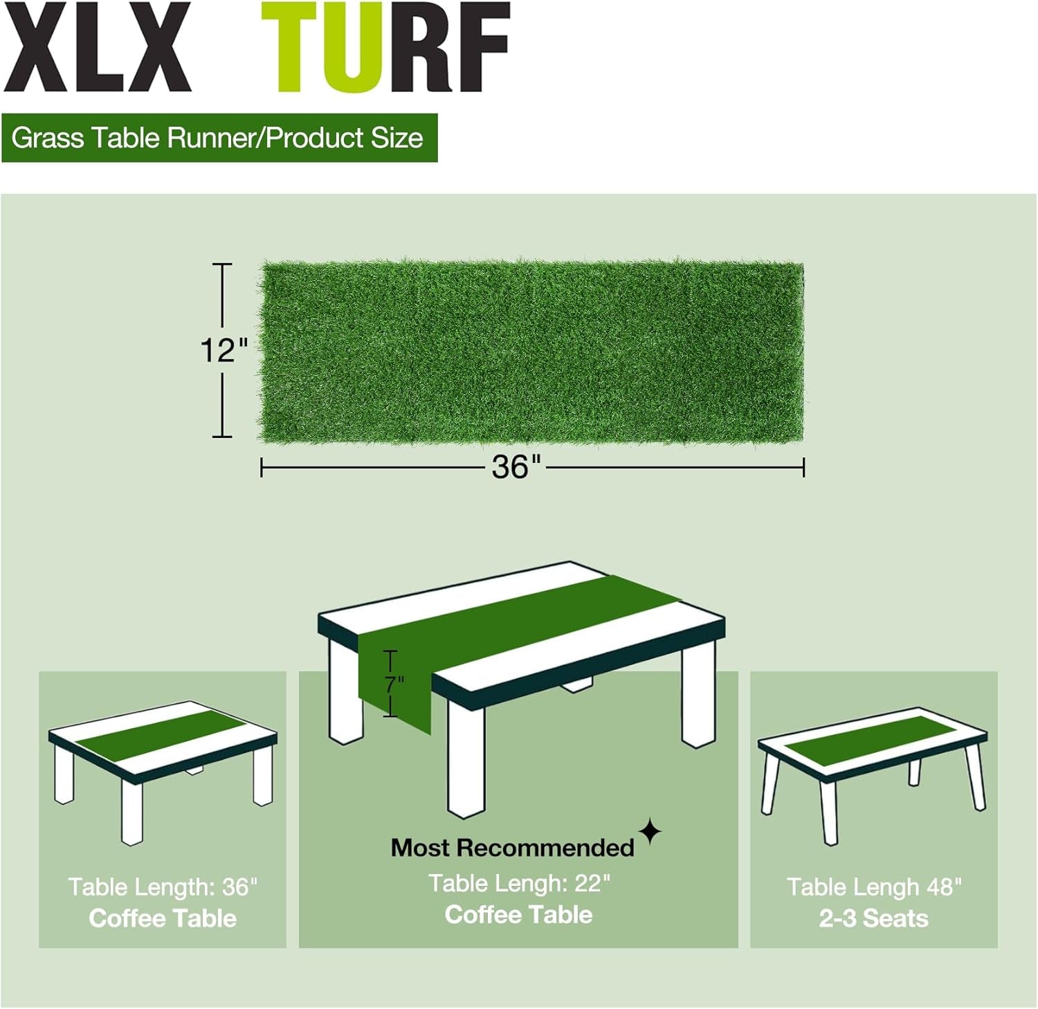 XLX TURF Green Christmas Artificial Grass Table Runner - 12 x 36 Inches for Mantle, Football, Golf Party Decorations, and Centerpieces for Weddings and Baby Showers