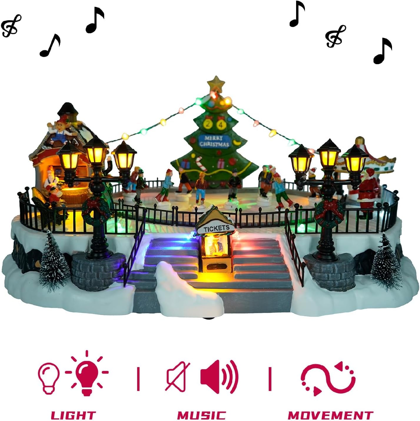 Skating Christmas Village - Animated Musical Winter Snow Village with 7 Moving Skaters - Indoor Decorations for Home Tabletop Gift