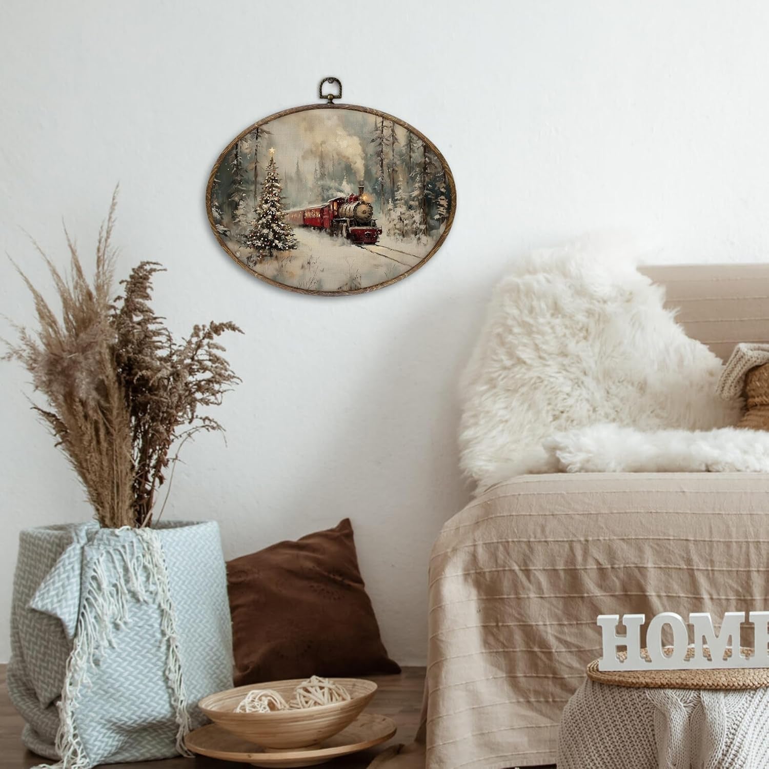 XNXLDYLH Vintage Christmas Train Tree Oval Framed Wall Art Decor, Rustic Christmas Train Scene Hanging Wall Decor Decorations, Winter Scene Farmhouse Canvas Prints Art Paintings for Home, 11.5X8.5Inch