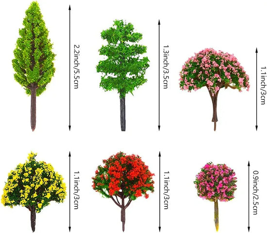 Assorted miniature artificial trees for model train scenery and diorama, featuring 70 small trees in various styles by MOMOONNON.