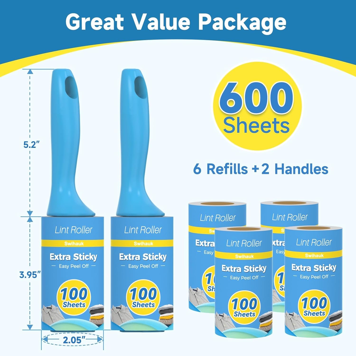 Swihauk 600-Sheet Extra Sticky Lint Rollers for Pet Hair Removal, Ergonomic Spiral Tear Design for Clothing and Multipurpose Use on Furniture, Carpets, and Car Seats