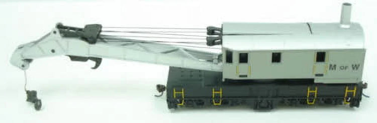 HO scale Bachmann crane car with boom for maintenance of way, detailed model train accessory in blue and gray colors