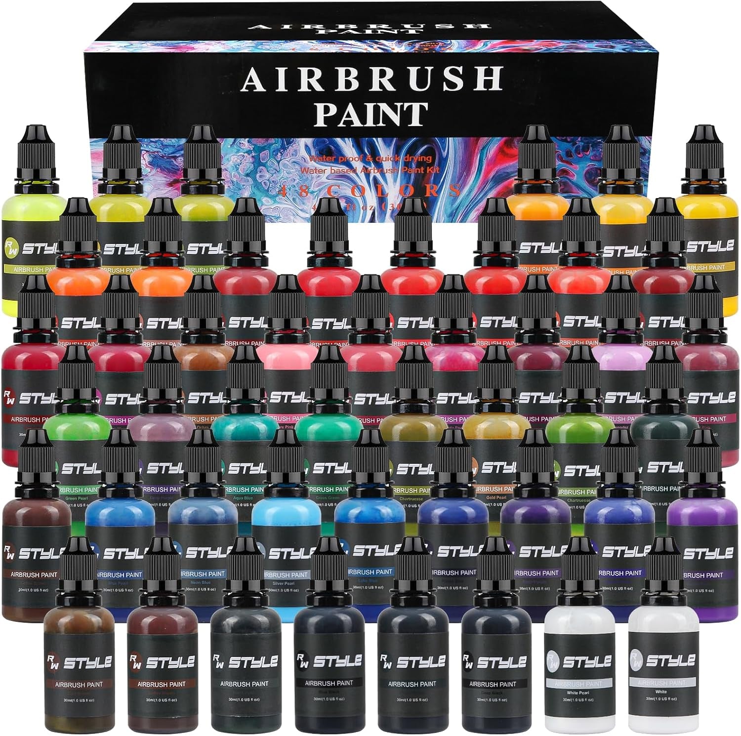 48-Color Airbrush Paint Set - 1 Fl Oz Opaque and Brilliant Water-Based Acrylic Paint for Leather and Shoe Art, Ideal for Artists, Beginners, and Hobbyists