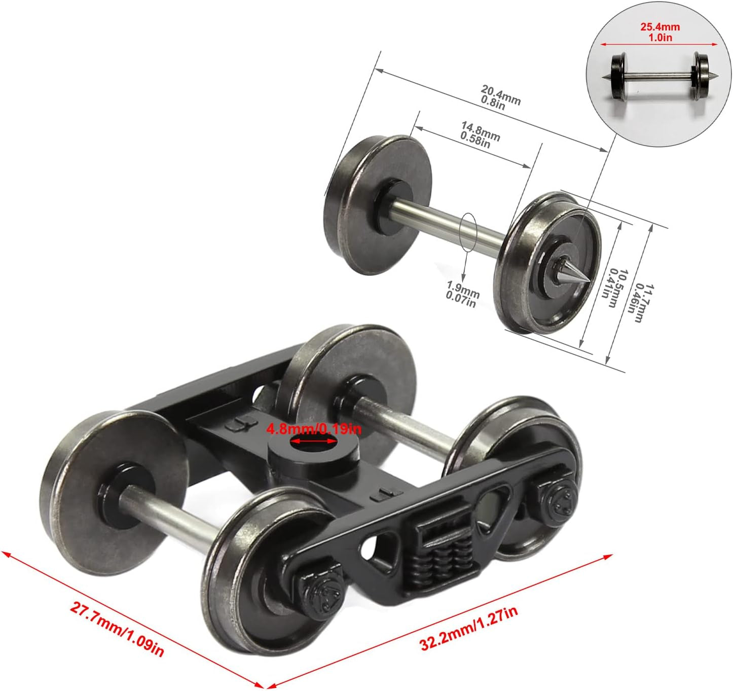 4-Piece HO Scale 1:87 Roller Bearing Truck with 36" Metal DC Wheels and 3-Spring Bogies HP3387