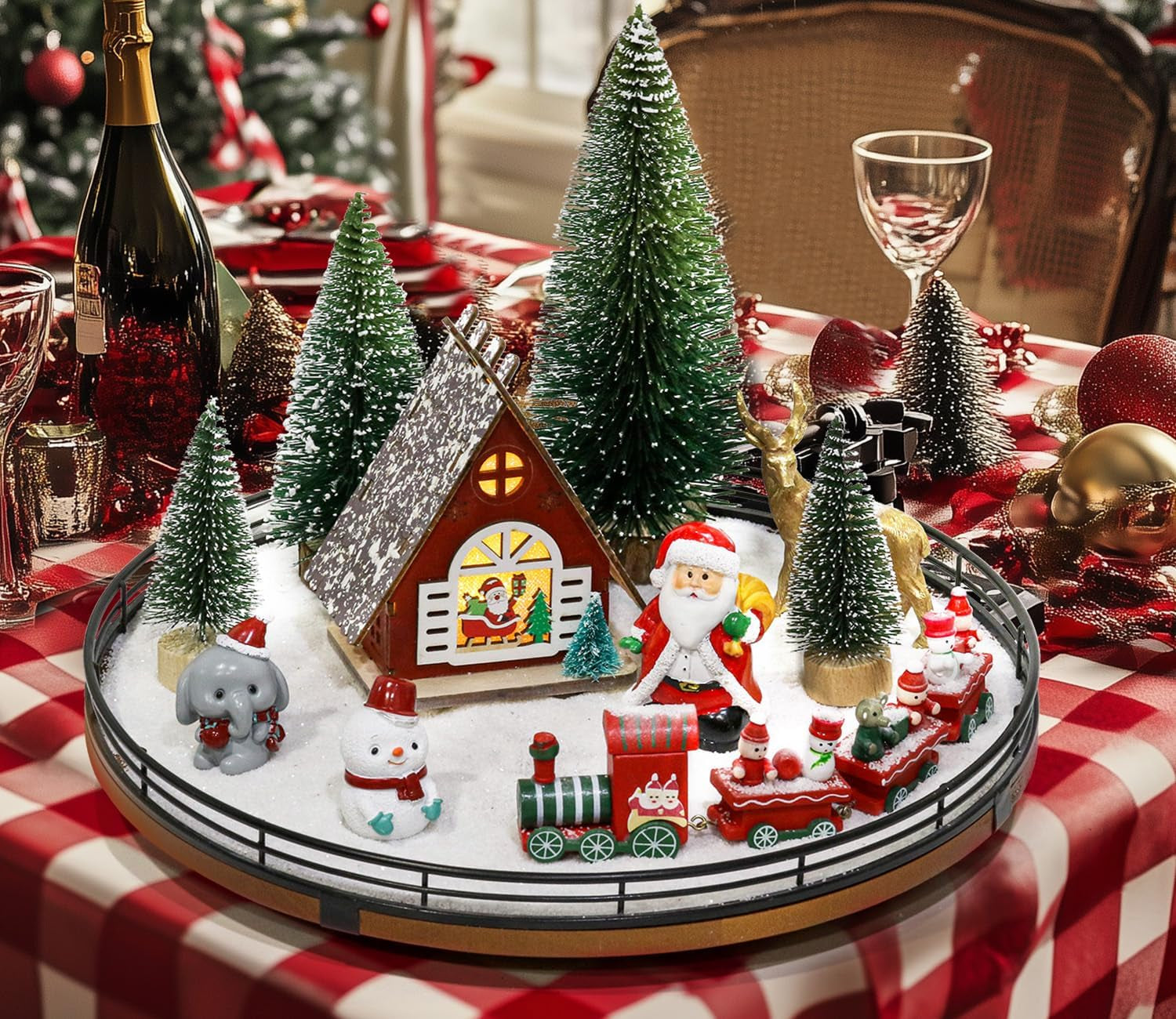 12-Piece Christmas Table Decoration Set Featuring Rotating Oak Base and Figurines