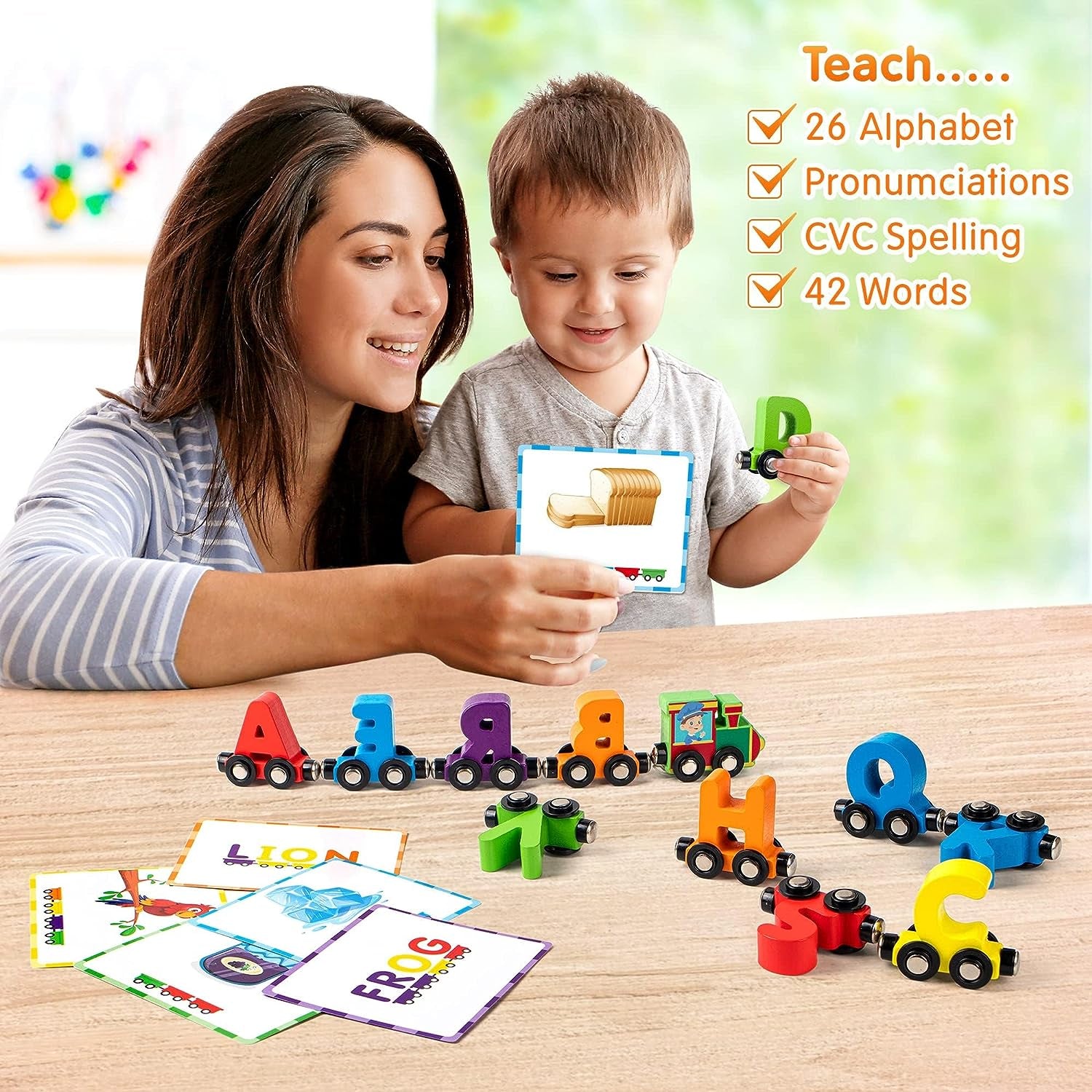 Discover the Joy of Learning with the Vanmor 27-Piece Magnetic Wooden Alphabet Train Set - Complete with 42 Flash Cards, Engine, and Storage Bag for Kids Aged 3 to 7!