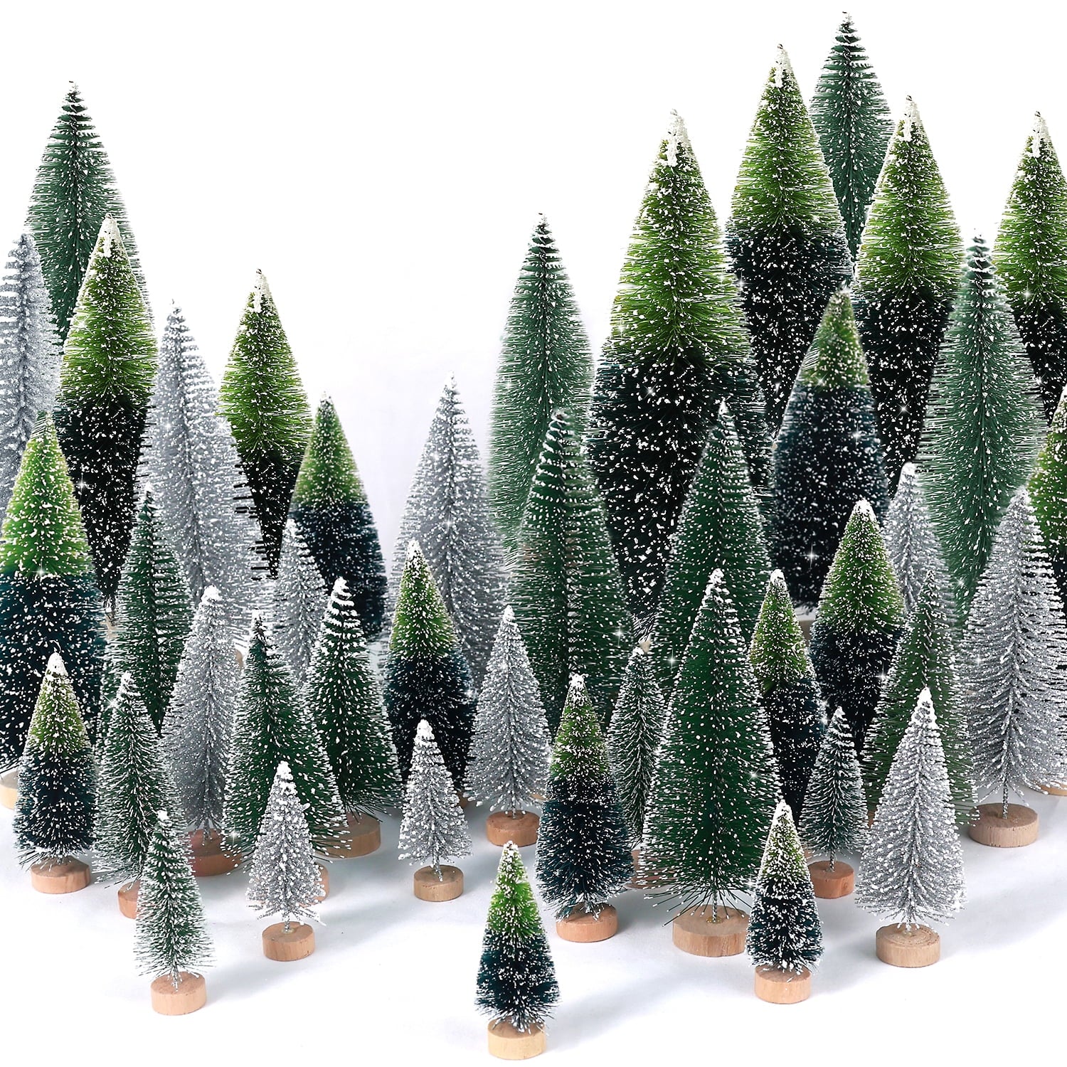 Ayieyill 30-Piece Upgraded Sisal Pine Mini Christmas Tree Set with Wooden Base - Elegant Bottle Brush Tabletop Decor in Green, Gold, and Ivory