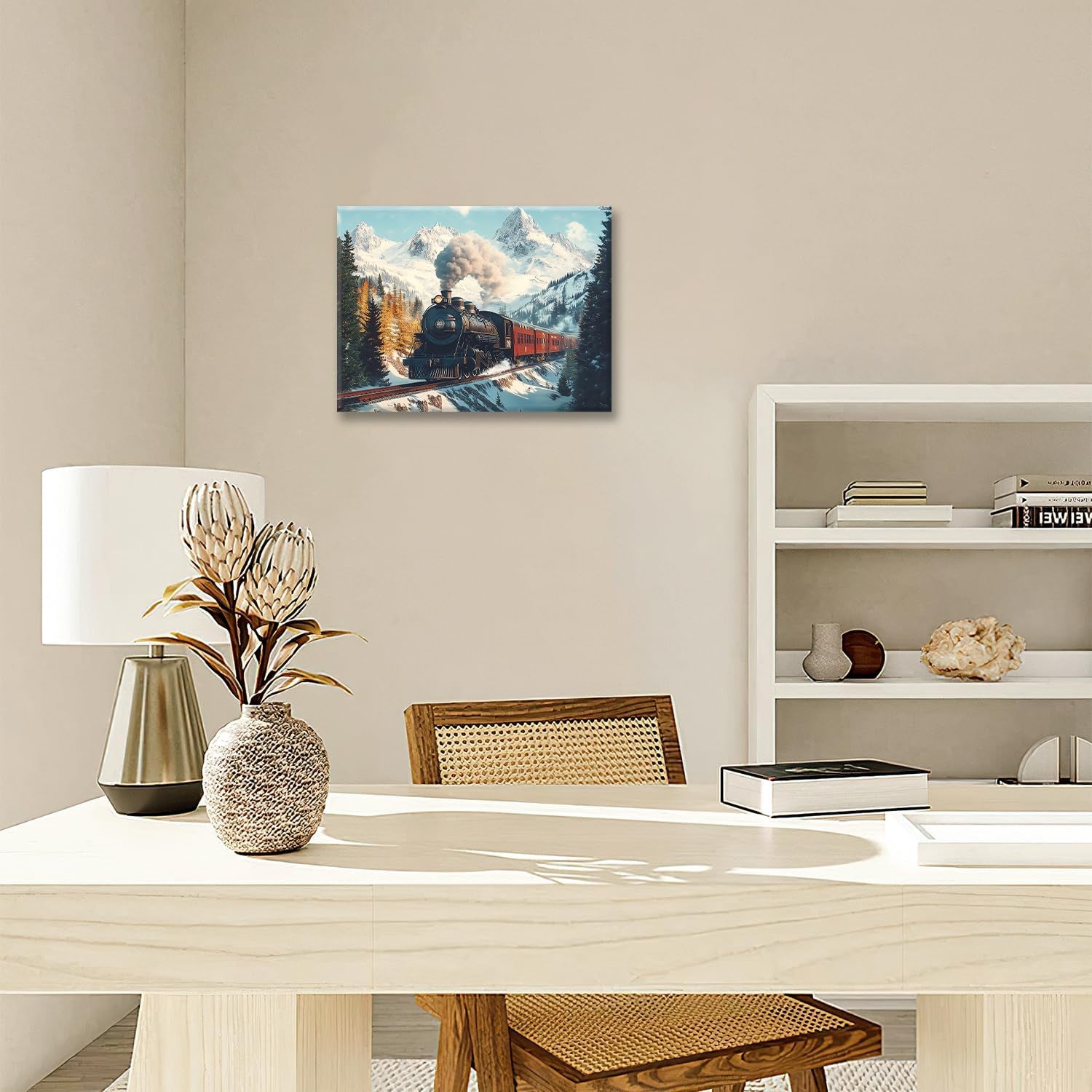 Trian Wall Art, Winter Train Pictures Wall Decor, Mountain Forest Railway Canvas Prints Painting, Framed Artwork for Bathroom Living Room Bedroom Dining Room Office Home Decorations 16"X12"