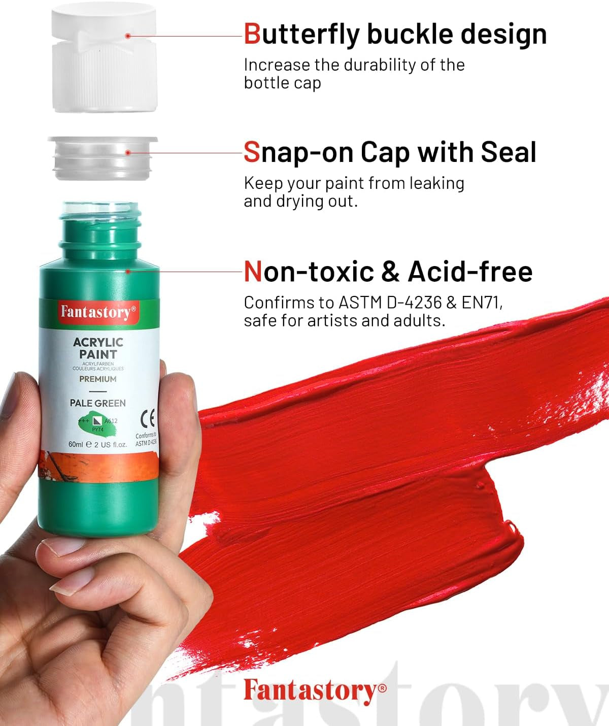 Fantastory Professional Acrylic Paint Set - 24 Colors (60 ml Each) with 12 Brushes; Waterproof for Art and DIY Projects on Various Surfaces Including Canvas, Wood, Glass, Clay, Fabric, Ceramic, and Paper