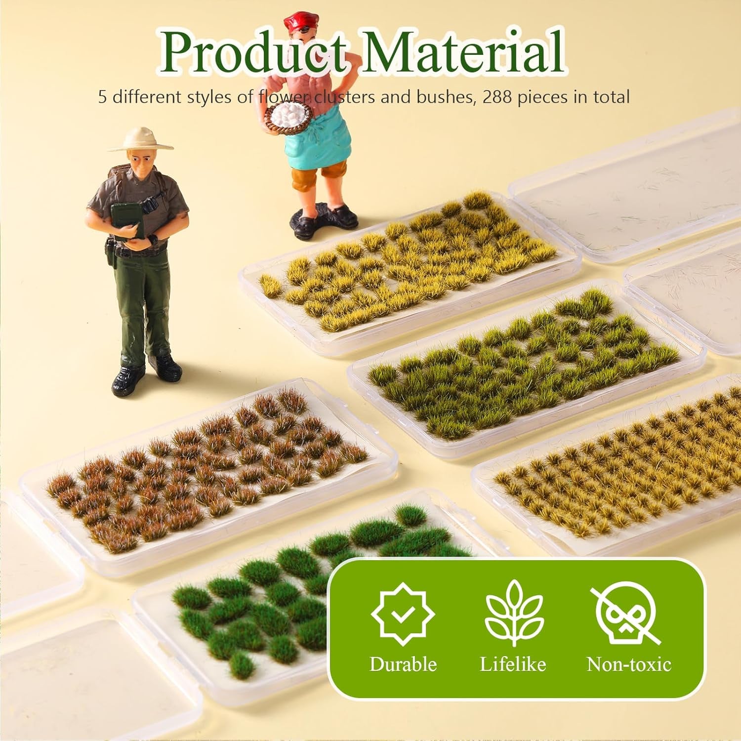 288-Piece Static Grass Tuft Flower Cluster Set - Self-Adhesive Artificial Vegetation for Miniature Terrain, Railway Scenery, and Table Landscapes (Grass Style)