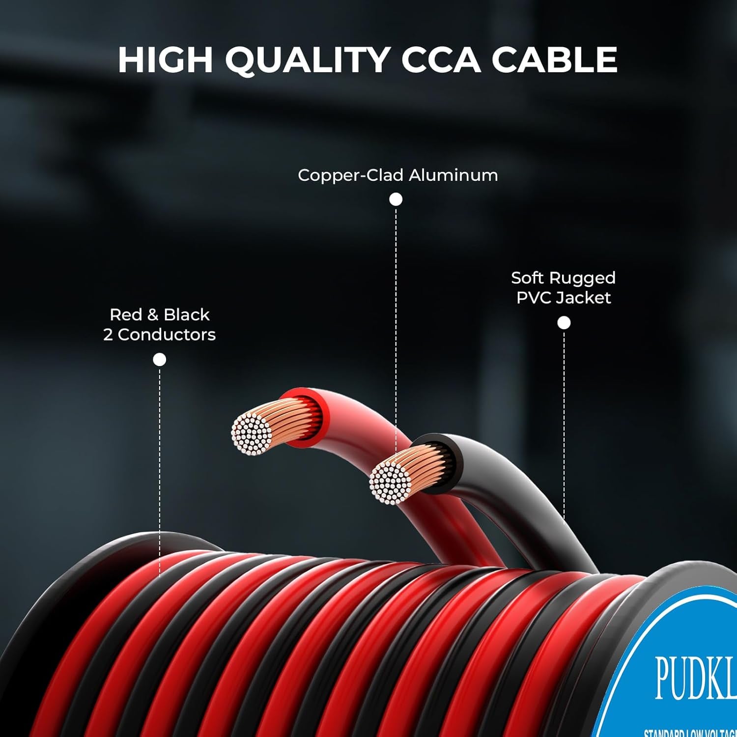 16 AWG Copper Clad Aluminum 2-Conductor Red and Black Electrical Wire, 100FT - Flexible PVC Insulated Low Voltage Cable for 12V/24V DC Applications in Automotive, Audio, LED Strips, and RC Vehicles