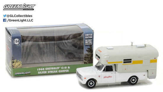 1968 Chevrolet C10 diecast model truck with Silver Streak camper, 1/64 scale, detailed collectible from BYMRR Train Store.