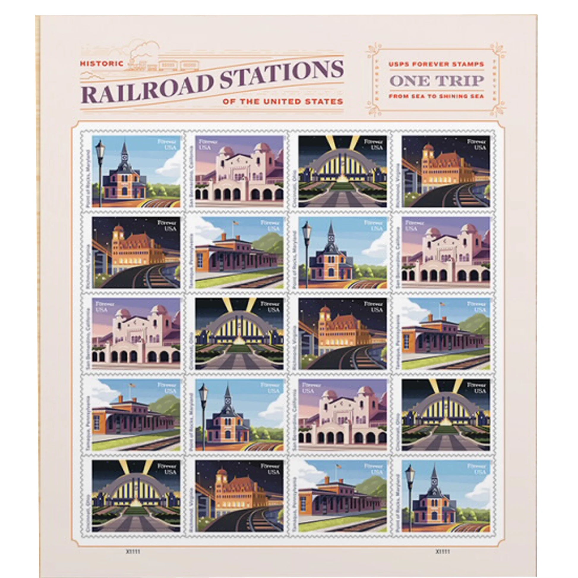 Railroad Stations Forever Postage Stamp 1 Sheet of 20 US First Class Postal America Landscape Train Birthday Anniversary Wedding Celebrate Party (20 Stamps)