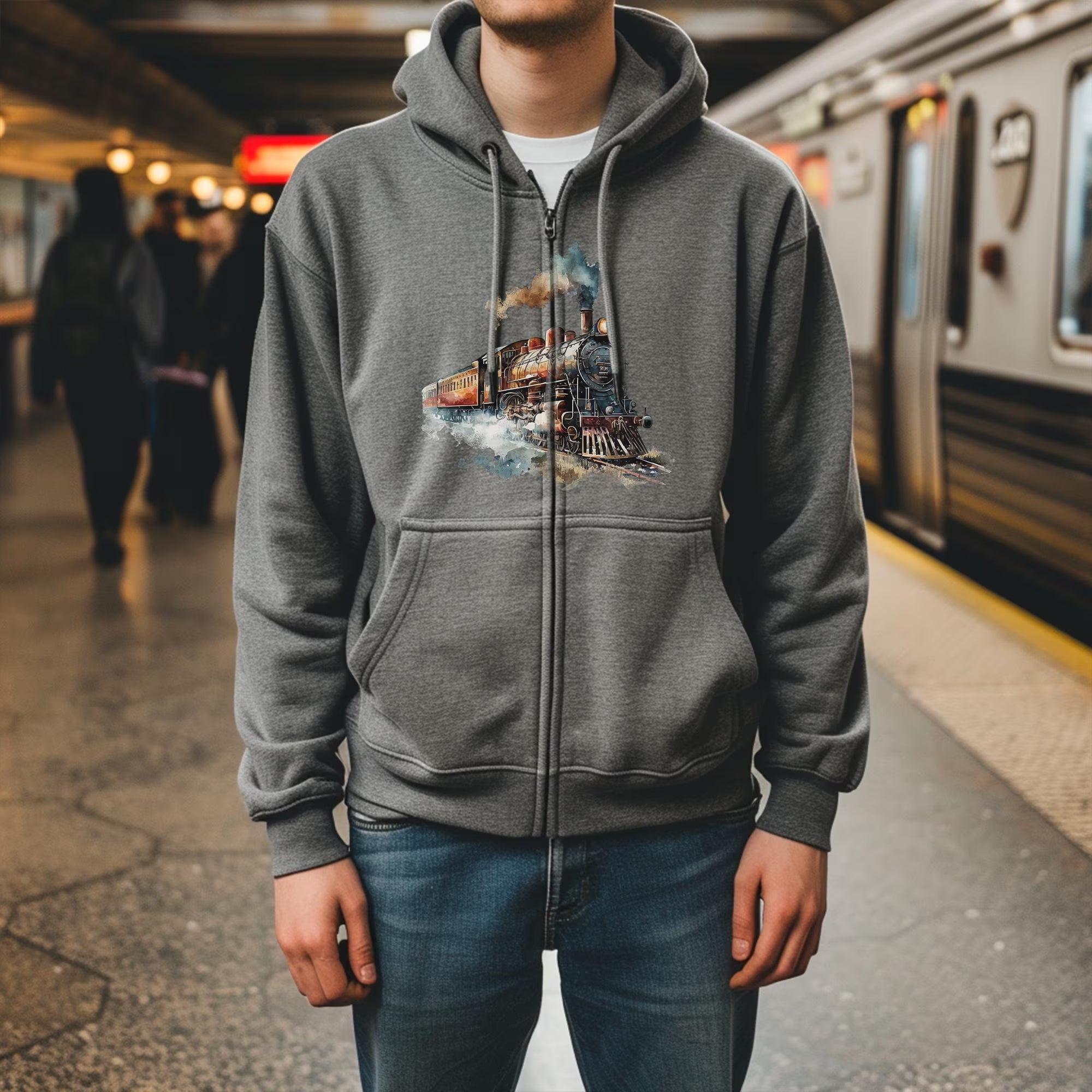 Vintage Steam Train Hoodie - Unisex Watercolor Sweatshirt