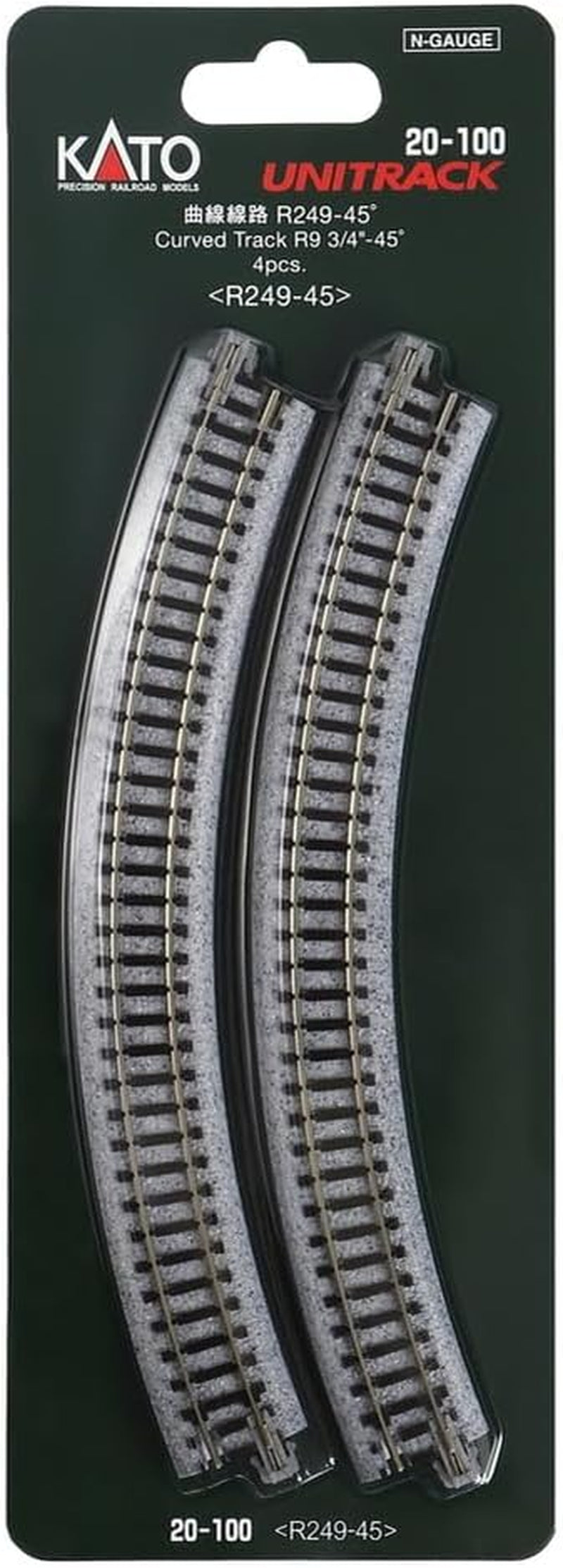 Kato USA Unitrack Model Train 249mm (9 3/4") Radius 45-Degree Curve Track Set (4 Pieces)