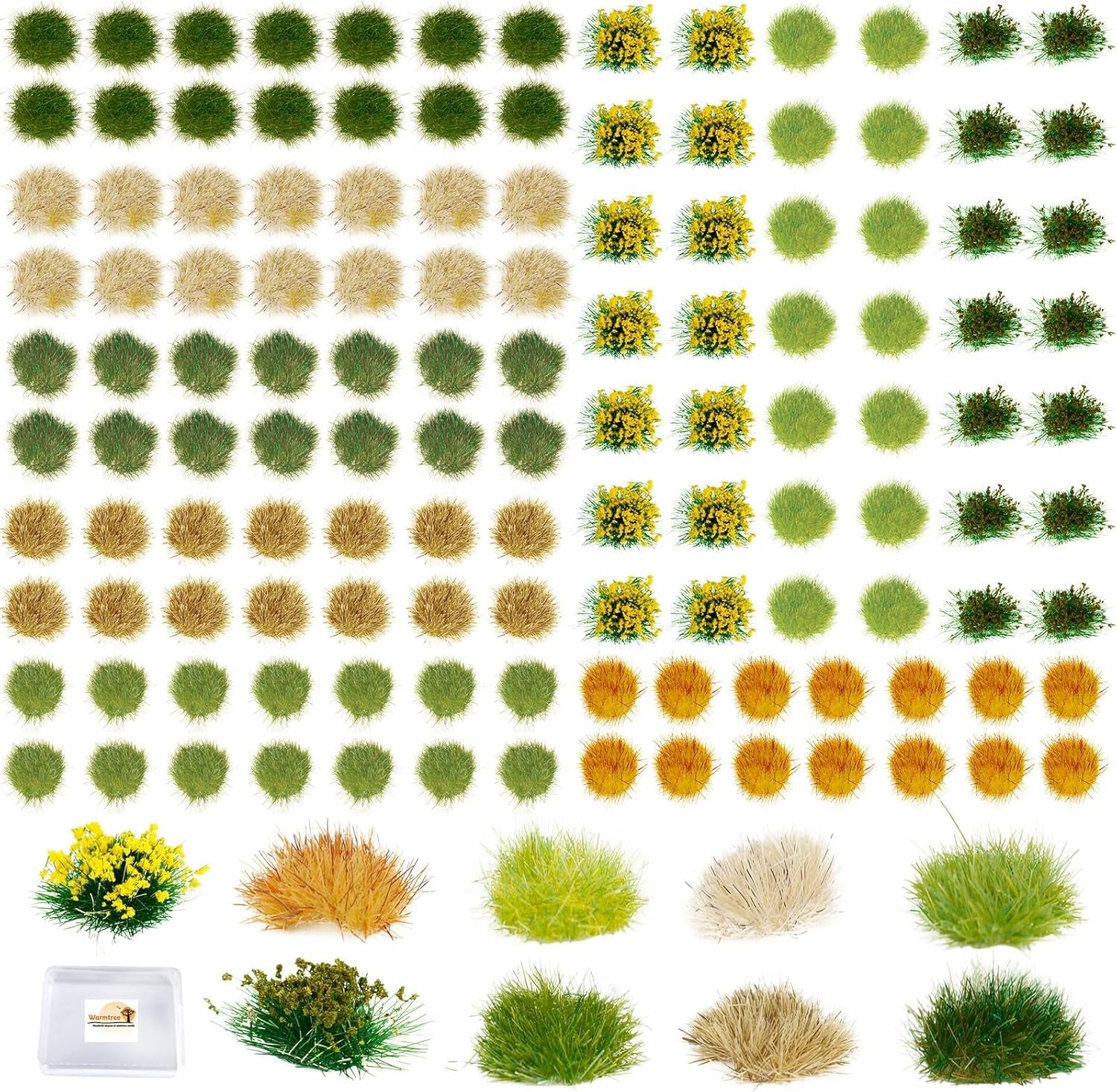 Warmtree 126-Piece Static Grass Bushy Tufts and Lowland Shrubs Terrain Model Kit for Train Landscape, Railroad Scenery, Military Layouts, and Miniature Dioramas