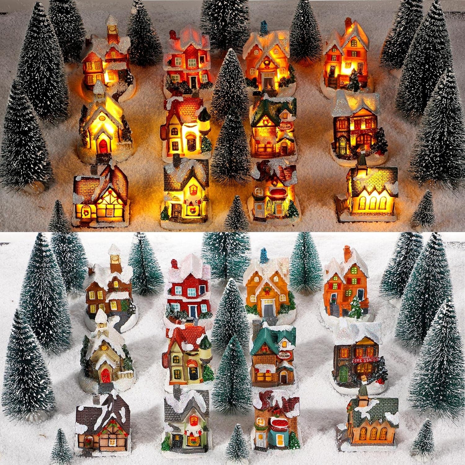 12-Piece LED Christmas Village Set Featuring Trees and Buildings for Festive Decor