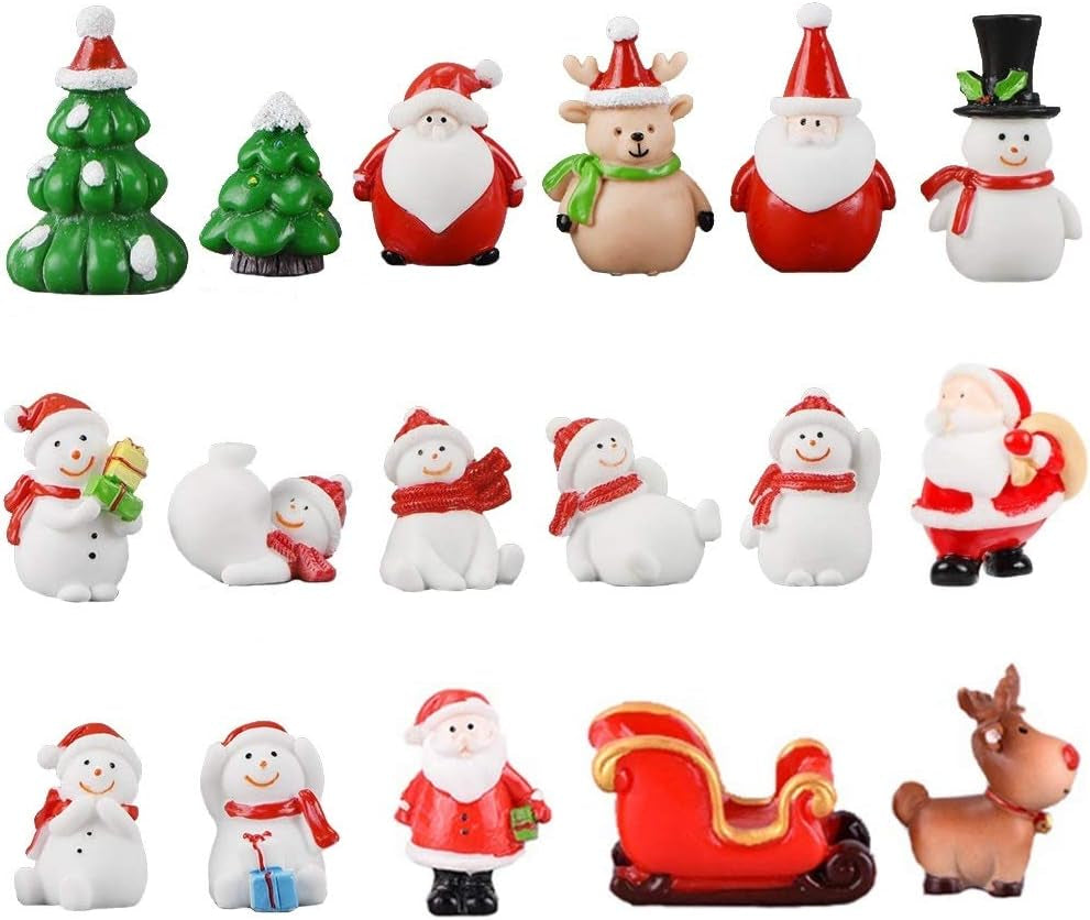 17-Piece Christmas Miniature Figurine Set - Resin Ornaments Including Santa Claus, Snowman, Reindeer, and Christmas Tree for Crafting, Garden Decor, Tabletop Displays, Snow Globes, Dollhouses, and Holiday Party Favors