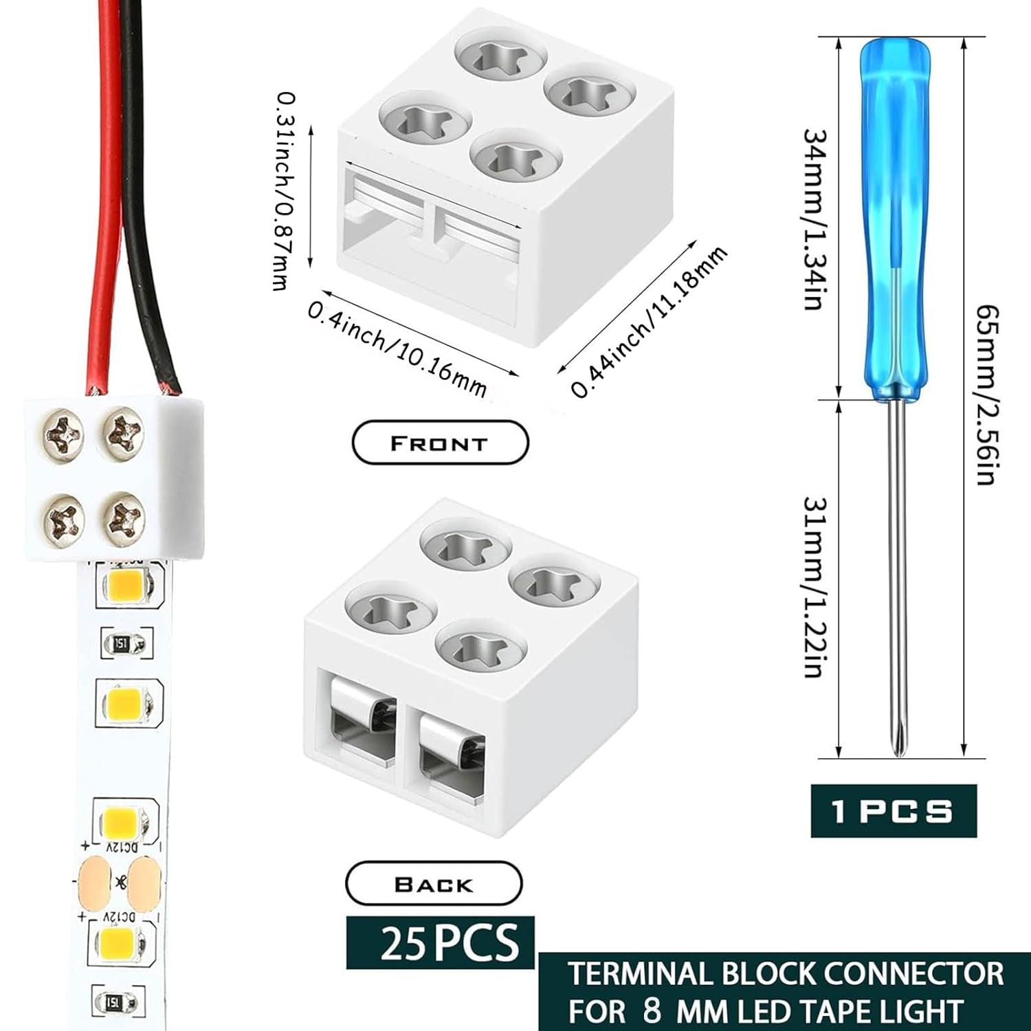25-Pack 2-Pin 8mm LED Tape Light Connectors with Screw Terminal Blocks and Screwdriver for 5V, 12V, and 24V Monochrome Low Voltage Decorative LED Strips