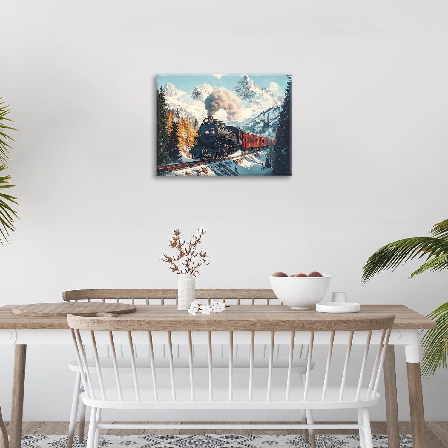 Trian Wall Art, Winter Train Pictures Wall Decor, Mountain Forest Railway Canvas Prints Painting, Framed Artwork for Bathroom Living Room Bedroom Dining Room Office Home Decorations 16"X12"