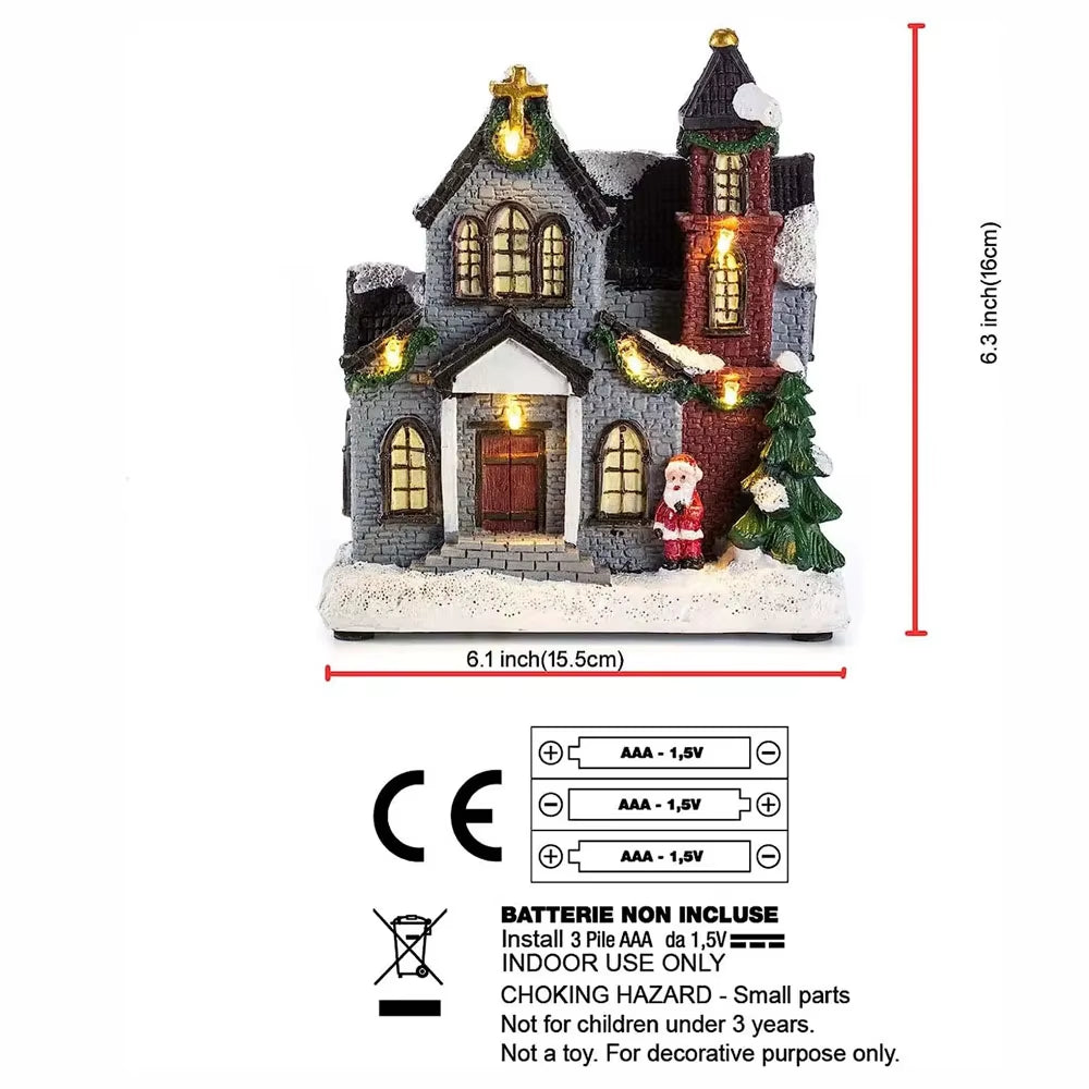 LED Illuminated Resin Christmas Church Village Collectibles for Home and Office Decoration, Ideal for Holiday Gifting