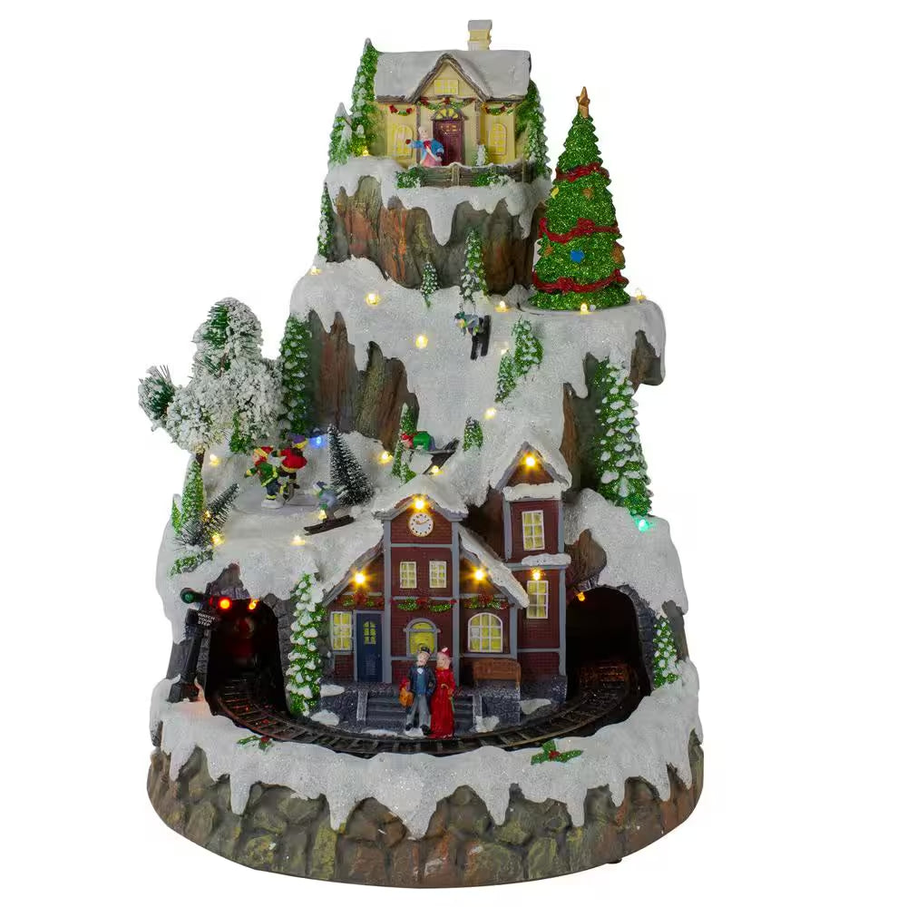 17-Inch LED Illuminated Animated Christmas Village Featuring a Moving Train