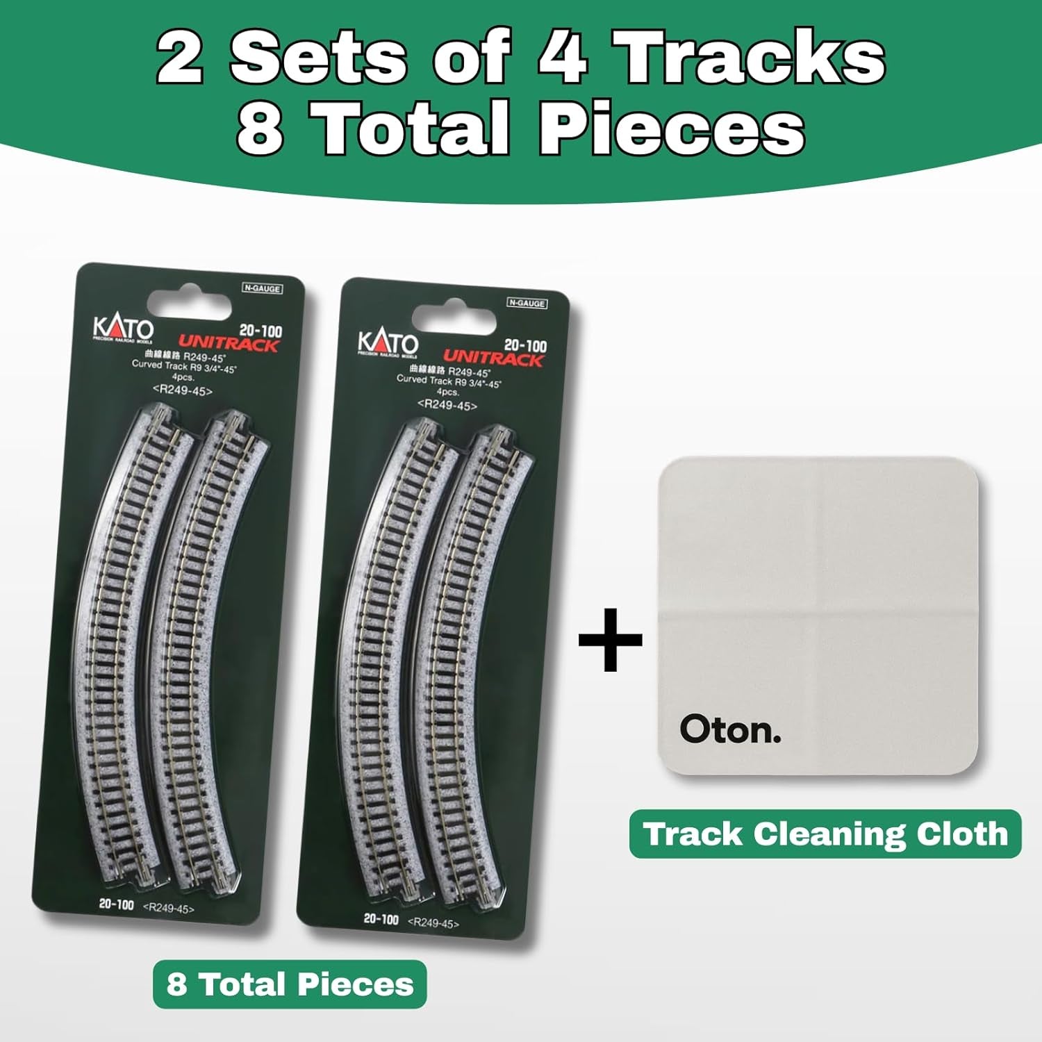 KATO N Scale 20-100 Unitrack R249-45 Curve Track Set (8 Pieces) with 15x15cm Track Cleaning Cloth – Snap-Together Rail System for Seamless Layout and Effortless Maintenance