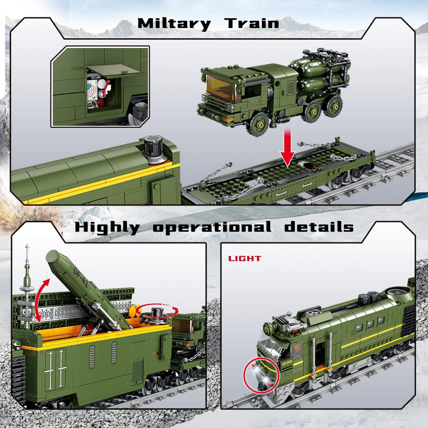 Military Train Building Kit - 1174 Pieces Compatible with Lego, Featuring Lights, Missiles, Trucks, and Train Tracks - Ideal Gift for Military Enthusiasts, Teens, and Adults