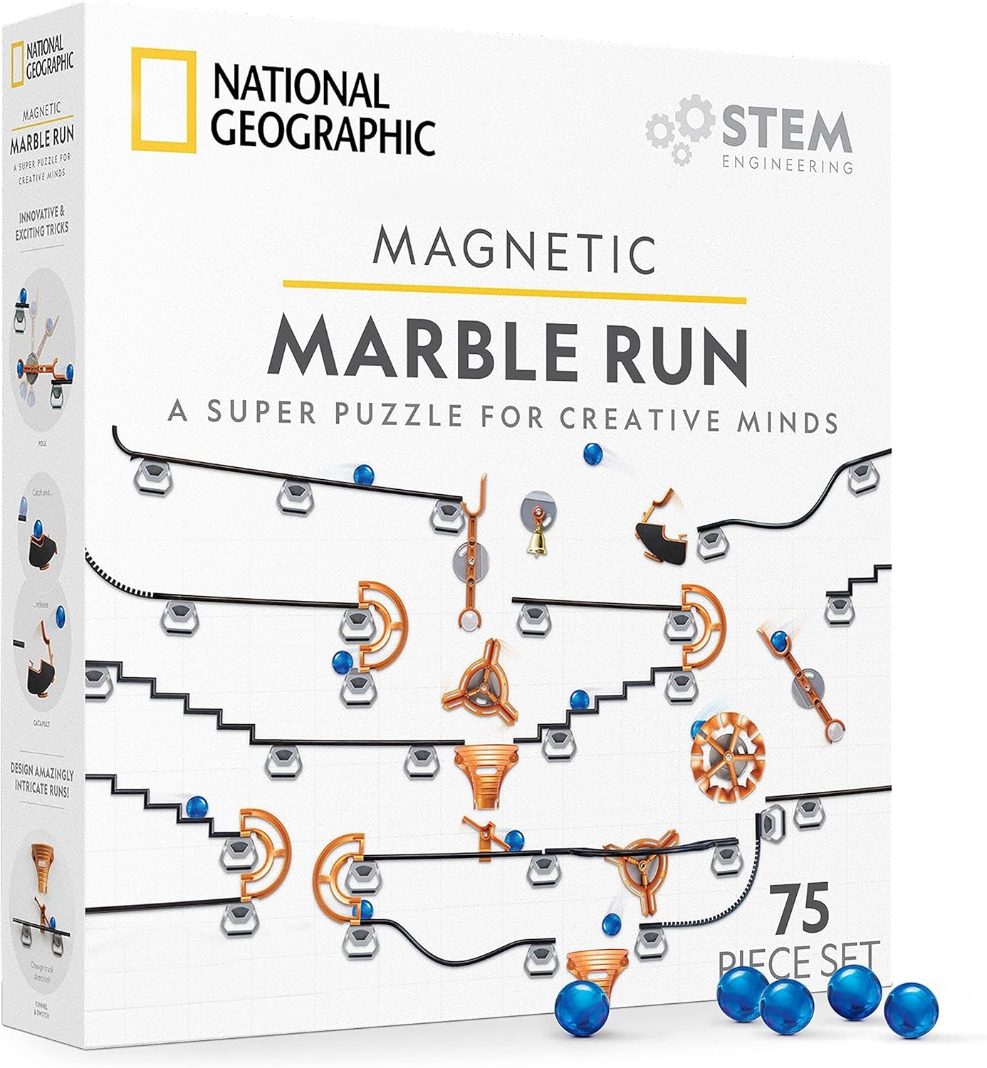 National Geographic 75-Piece Magnetic Marble Run STEM Building Set for Kids and Adults with Magnetic Track, Trick Pieces, and Marbles for Creating a Marble Maze and STEM Projects