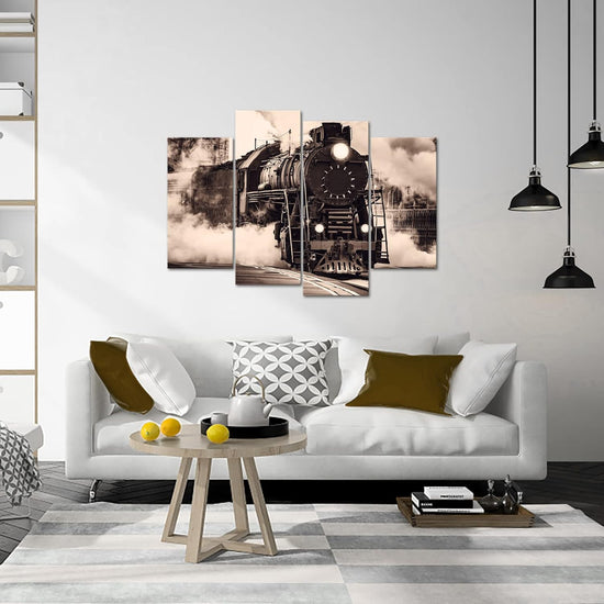 Vintage sepia steam train canvas artwork by BYMRR Train Store, elegant retro wall decor for home or office.