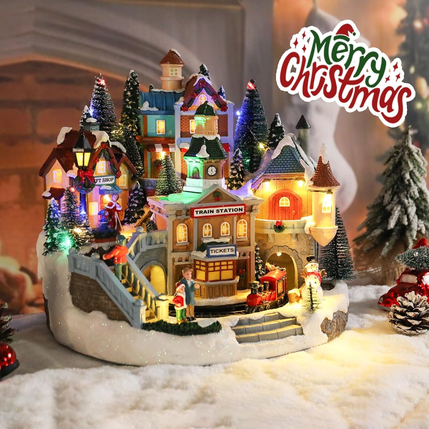 Christmas Village Collectible Musical Buildings with Train