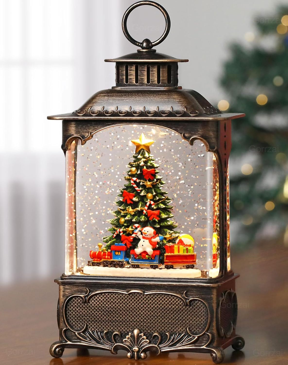 Christmas Snow Globe Lantern with Train & Swirling Glitter