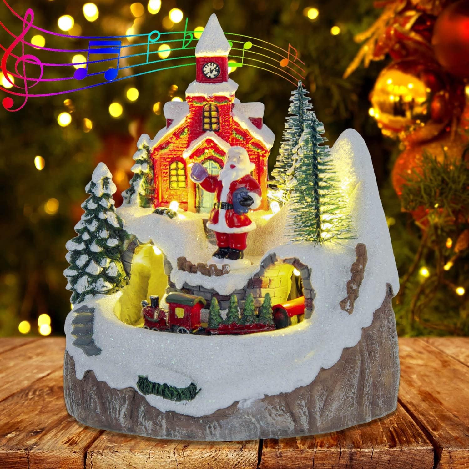 Christmas Village Church with Animated Train, Santa Figurine, LED Lighting, and Musical Elements