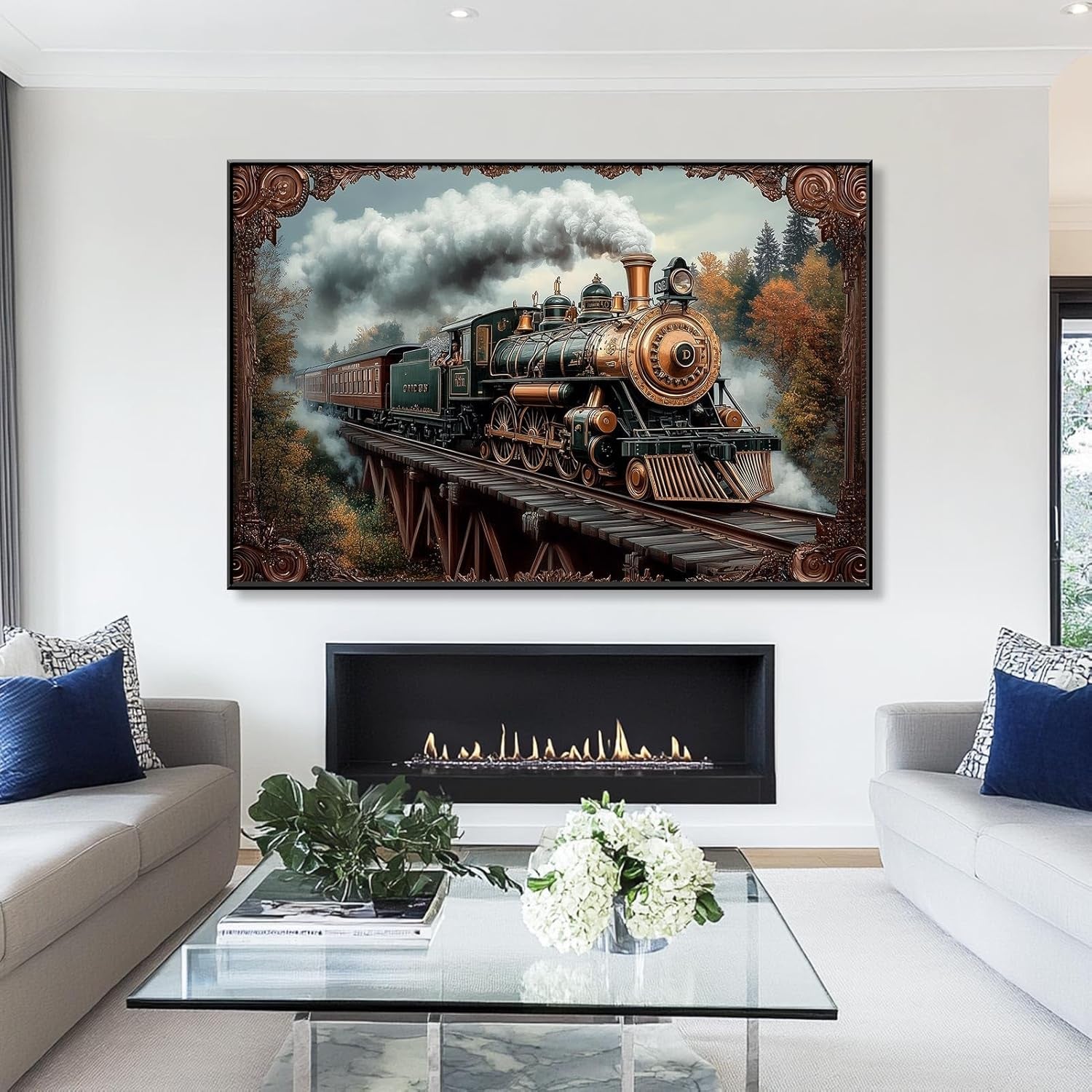 Vintage Steam Train Canvas Wall Art, Steampunk Locomotive Framed Canvas Print, Antique Train Wall Decor, Train Canvas Wall Art, Steam Train Poster, Living Room Bedroom Wall Decor (Black Framed, 36"X24" | 92X62Cm)