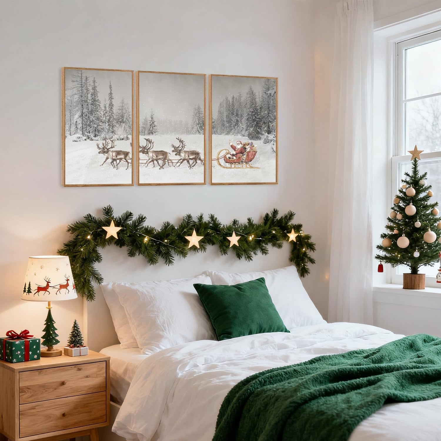 HPNIUB Vintage Santa Claus Framed Canvas Wall Art Set - Holiday Sleigh and Deer Decor for Home, Featuring Snowy Pine Trees Painting for Living Room and Office (Set of 3, 12x16 Inches)