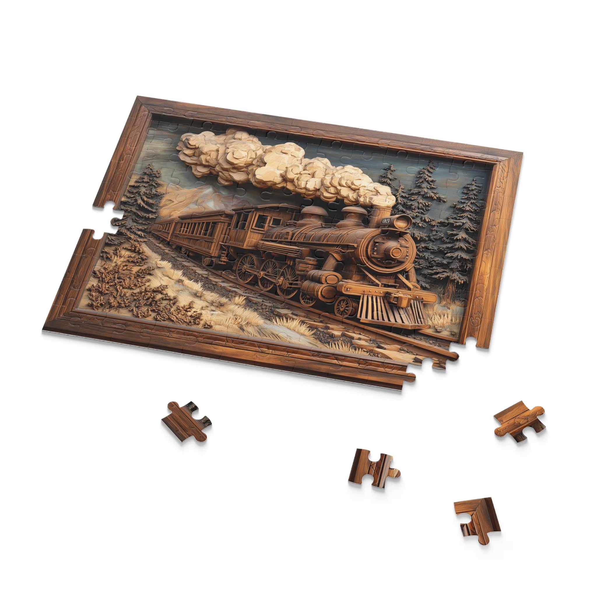 Vintage Train Jigsaw Puzzle - Wood Effect Locomotive Art