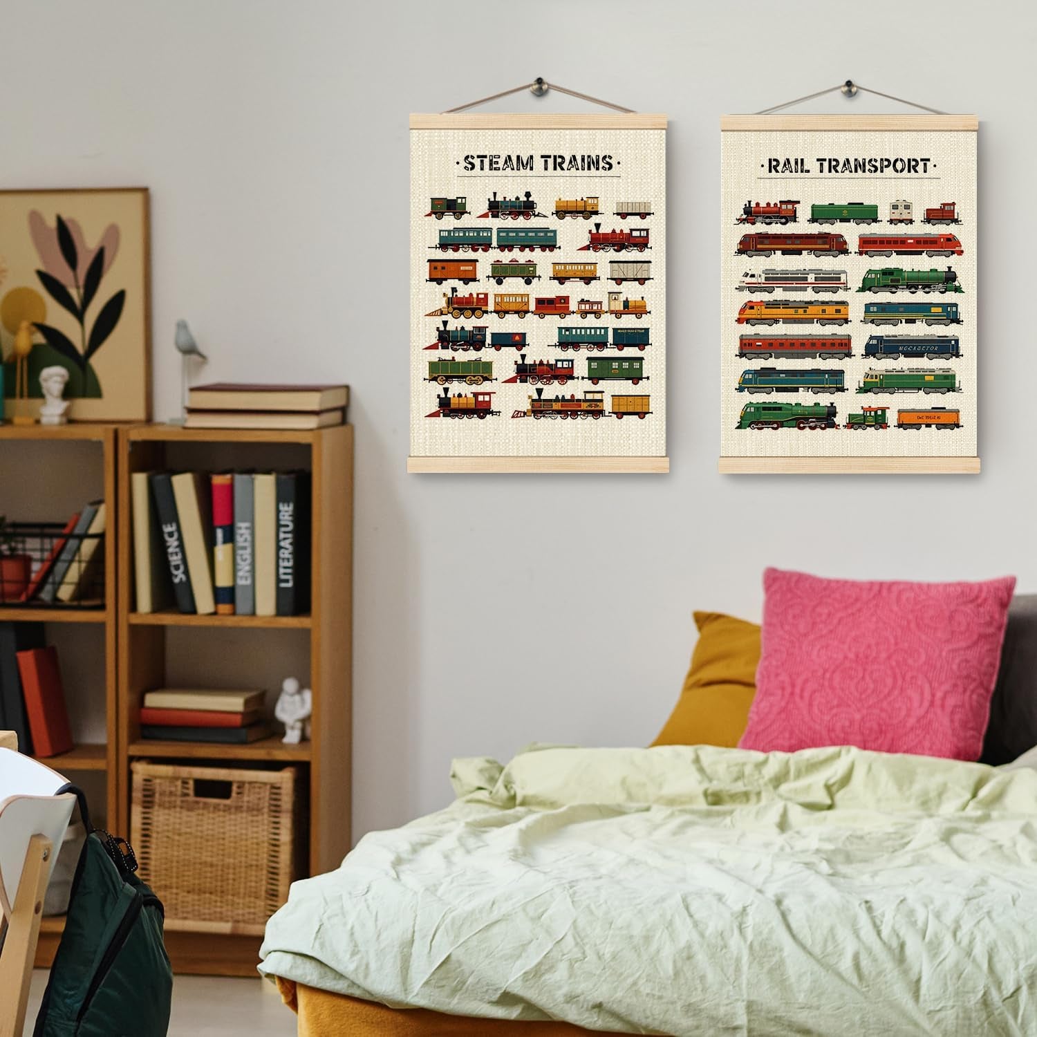 HKTZM Steam Trains Wooden Poster Hanger Frame 12.5×17 Inch,Vintage Train Locomotives Rail Transport Hanging Wall Poster for Toddler Boy Room Playroom Nursery,Set of 2