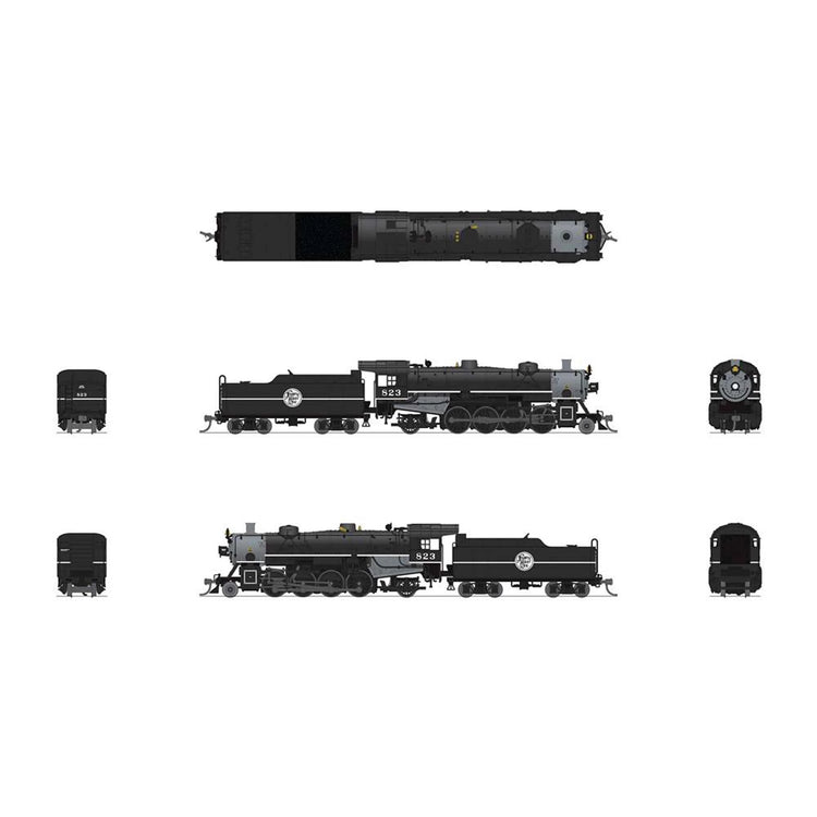 USRA Light Mikado ACL 836 N Scale model locomotive by BLI Paragon4, detailed black and gold American-style steam engine.