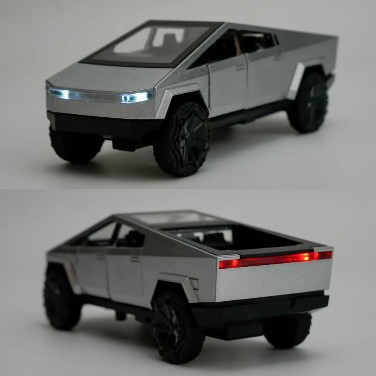 Silver 1:36 scale diecast Cybertruck pickup toy car by BYMRR Train Store, pull-back model for collectors and children ages 3+.
