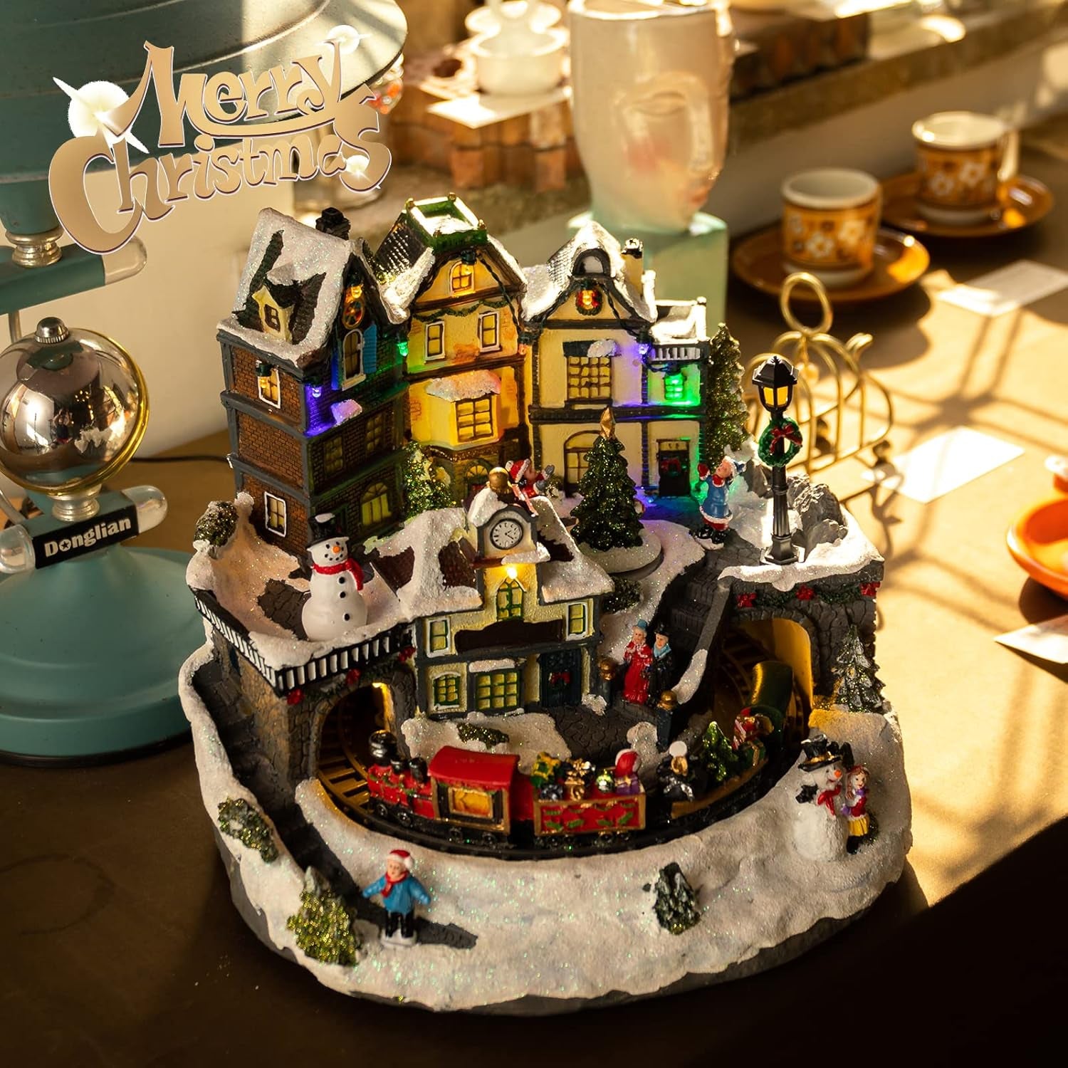 Christmas Village Decor Set with Train and LED Lights