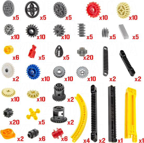 Zylopa 233-piece Technic gear set with gears, axles, and connectors for building LEGO MOCs and creative mechanical models.