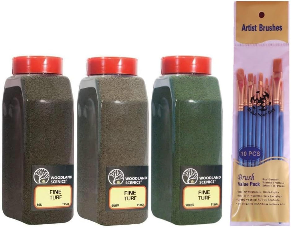 Woodland Scenics Fine Turf Bundle: T1341 Soil, T1342 Earth, and T1346 Weeds Blend (Pack of 3) with MYD Paintbrushes
