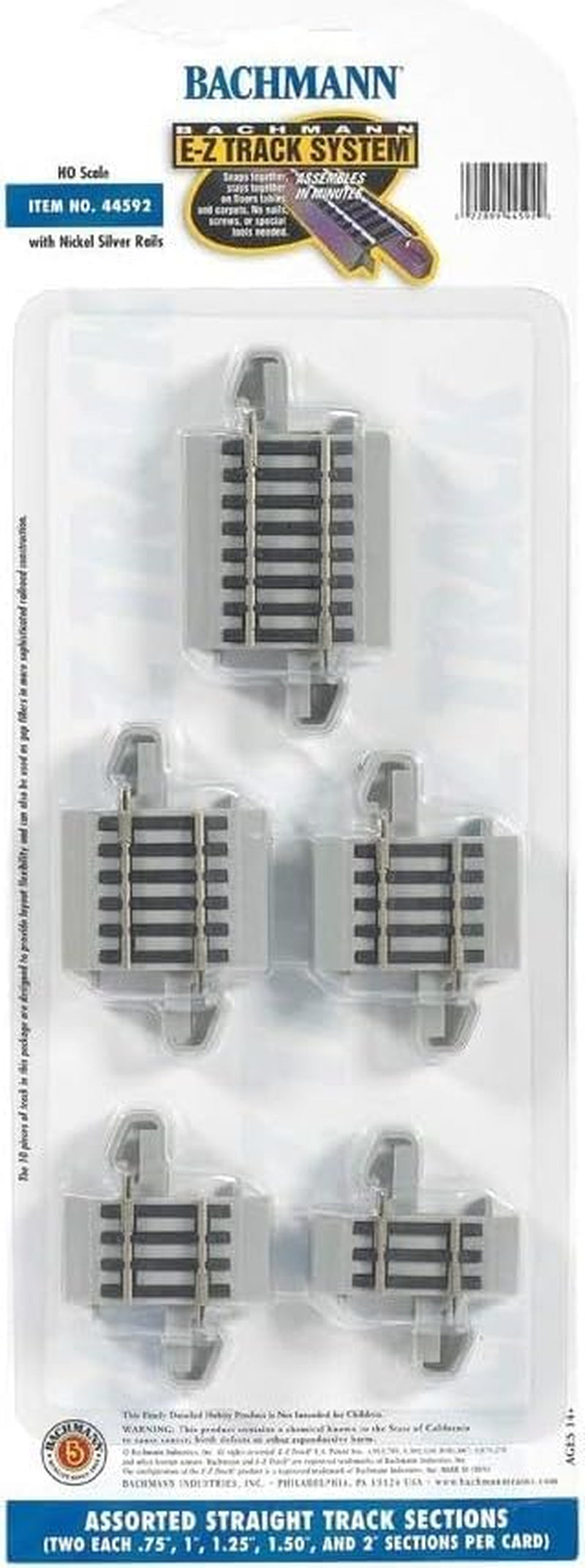 Bachmann Trains Snap-Fit E-Z Track Connector Assortment - Includes 2 Each of 0.75", 1", 1.25", 1.5", and 2" Straight Sections - Nickel Silver Rail with Gray Roadbed - HO Scale