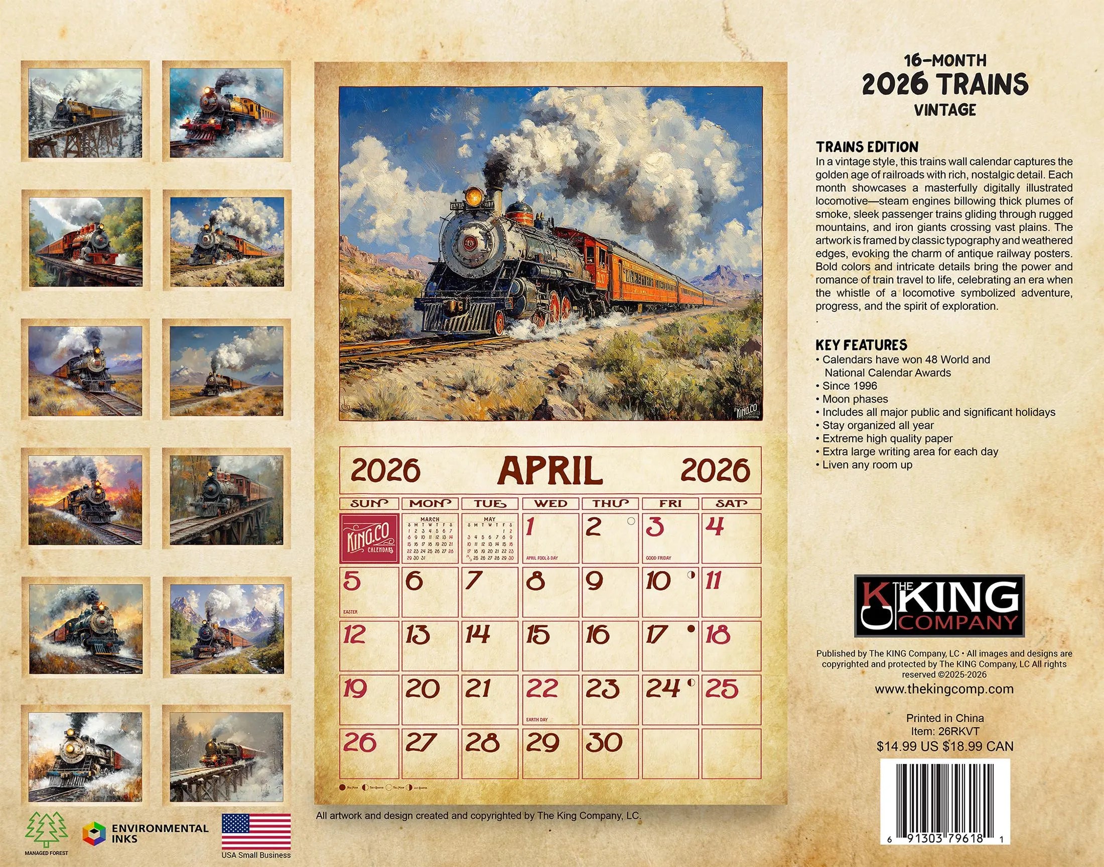 Vintage Trains 2026 XL 16-Month Wall Calendar by KING